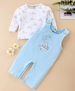ToffyHouse Cotton Full Sleeves Tee With Dungaree Style Romper Sheep Print & Embroidery- Blue