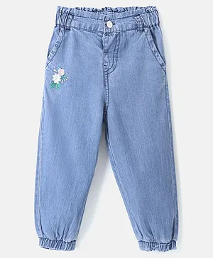 Babyhug Cotton Denim Full Length Washed Jeans Floral Embroidered - Blue