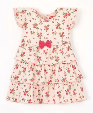 Babyhug 100% Cotton Short Sleeves Layered Frock With Frill Detailing & Bow Applique Floral Print- Peach