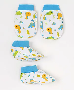 Babyhug 100% Cotton Mittens & Booties Dino Print - Blue