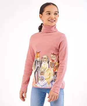Primo Gino Cotton Elastane Rib Fabric Full Sleeves Digital Cats Print Pullover Sweater - Pink