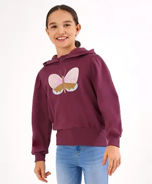 Primo Gino 100% Cotton Terry Flounce Full Sleeves Hoodie with Butterfly Embroidery and Sequins - Maroon