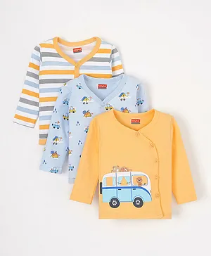 Babyhug 100% Cotton Knit Full Sleeves Vests Pack of 3 Stripes & Buses Print - Orange Blue