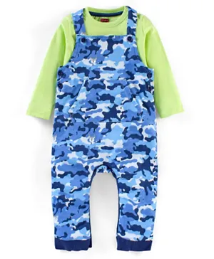 Babyhug 100% Cotton Full Sleeves Solid T-shirt and Dungaree Set - Green and Blue