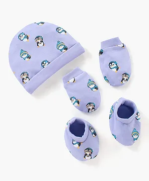 Babyhug 100% Cotton Cap Mittens & Booties Set Penguin Print Purple - Diameter 11 cm