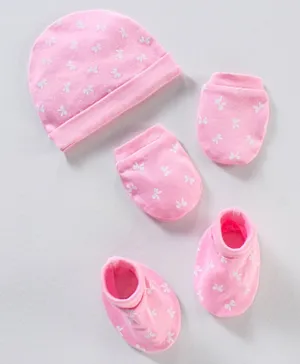 Babyhug 100% Cotton Cap Mittens And Booties Bow Print Pink - Diameter 11 cm