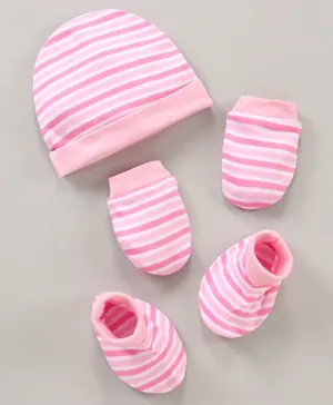 Babyhug 100% Cotton Cap Mittens & Booties Striped Pink - Diameter 15.5 cm