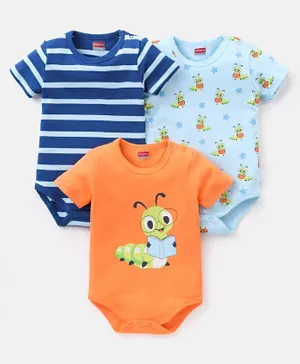 Babyhug 100% Cotton Half Sleeves Onesies Caterpillar and Stripes Print Pack of 3 - Blue & Orange