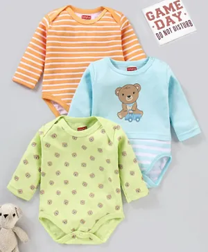 Babyhug 100% Cotton Full Sleeves Onesies Stripes & Bear Print Pack of 3 - Green Blue Orange