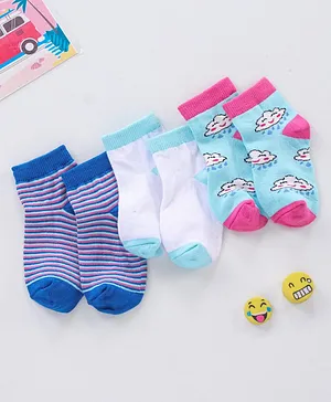 Cute Walk by Babyhug Non Terry Cotton Knit Ankle Length Anti Bacterial Socks Cloud Design Pack of 3 - Blue & White