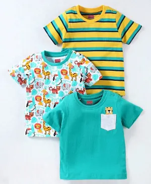 Babyhug Cotton Knit Half Sleeves Striped & Wild Animal Printed T-Shirts Pack of 3 - Blue & Yellow