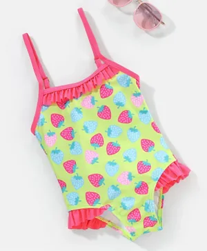 Babyhug Sleeveless V Cut Swimsuit Strawberry Print- Green & Pink
