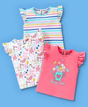 Babyhug Cotton Short Sleeves Tees with Graphics & Frill Detailing Pack of 3 - Blue & Pink