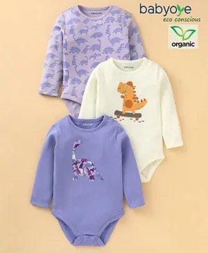 Babyoye 100% Cotton With Eco Jiva Finish Full Sleeves Onesies Dino Print Pack of 3 - Purple
