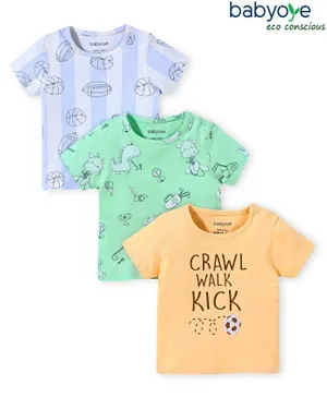 Babyoye Eco-Conscious 100% Cotton with Eco Jiva Finish Half Sleeves T-Shirt Dino Print Pack Of 3 - Green Orange & Blue