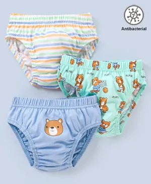Babyhug 100% Cotton Knit Anti Bacterial Briefs Striped & Bear Print Pack of 3 - Blue & Green