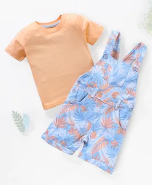 Babyhug 100% Cotton Half Sleeves T-shirt With Dungaree Leaves Print- Orange Multicolor