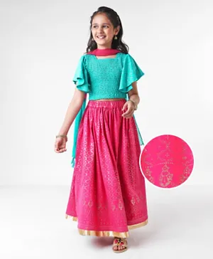 Earthy Touch Premium 100% Cotton Knit Half Sleeves Choli with Lehenga and Dupatta Foil Print - Pink