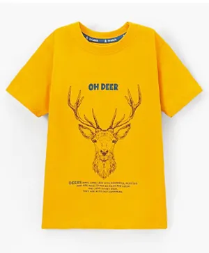 Pine Kids 100% Cotton Half Sleeves Bio Washed T-Shirt Reindeer Print - Yellow