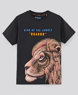 Pine Kids Cotton Half Sleeves Bio Washed T-shirt Lion & Text Print- Black
