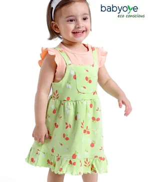 Babyoye Eco Conscious Cotton Eco Jiva Frock With Short Sleeves Inner Tee Floral Print - Green
