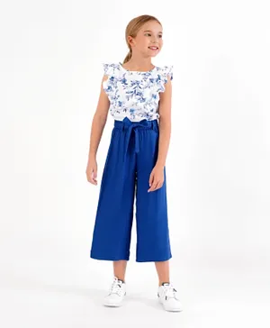 Ollington St. Cotton Cambric Top And Twill Culottes With Self Fabric Belt Set Floral Print - White Navy