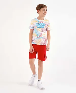 Ollington St. Cotton Knit All Over Leaf Printed Half Sleeves T-Shirt & Cargo Shorts Set - White Red