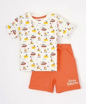 Babyhug Cotton Knit Half Sleeves T-Shirt & Short Set Ships Print - White Peach