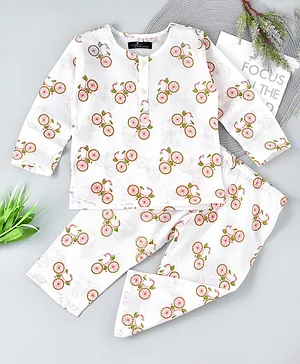 Ayra Full Sleeves Cute Cycle Design Night Suit - White