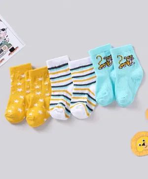 Cute Walk by Babyhug Anti Bacterial Ankle Length Striped Socks Pack of 3 - Blue Yellow