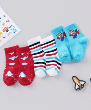 Cute Walk by Babyhug Anti Bacterial Ankle Length Striped Socks Pack of 3 - Blue Red