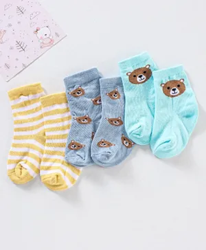 Cute Walk by Babyhug Anti Bacterial Ankle Length Non Terry Striped Socks Bear Design Pack of 3 - Blue Yellow
