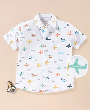 Babyhug Cotton Half Sleeves Knit Boys Shirt Aeroplane Print - White