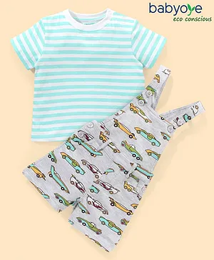 Babyoye Organic Cotton Half Sleeves Tee & Dungaree Set Stripes & Car Print- Blue & Grey