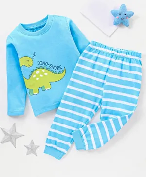 Babyhug Cotton Full Sleeves Night Suit Dino & Stripes Print- Blue