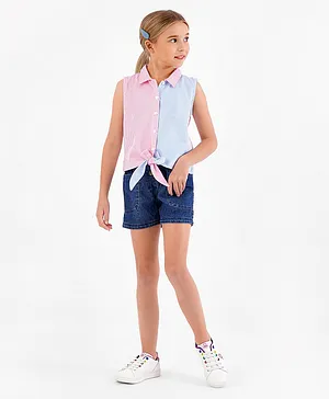 Ollington St. Colorblocked Knit Striped Tie Up Shirt With Elasticated Paperbag Denim Shorts Set - Indigo