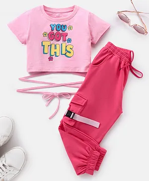Ollington St. Half Sleeves Tie Up Top with 3D Pocket Joggers Set - Pink