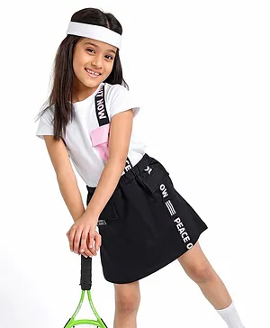 Ollington St. Half Sleeves Top and Skirt Set with Text Print and Taffeta Pocket Detailing - White Black