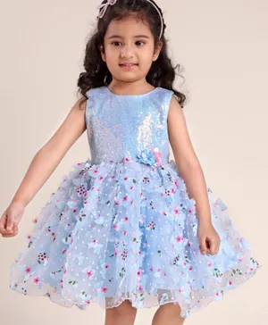 Babyhug Woven Sleeveless 3D Butterfly Fabric Party Dress with Floral Corsage  Sequin Embellished - Light Blue