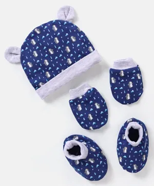 Babyhug 100% Cotton Knit Ear Applique Cap Mittens & Booties Set Penguins Printed Navy - Diameter 11.5