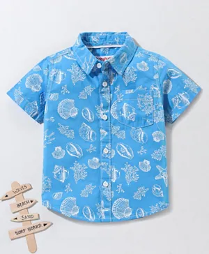 Babyhug 100% Cotton Woven Half Sleeves Shirt Shell & Coral Print - Blue