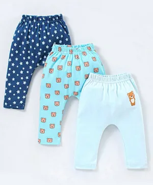 Babyhug Cotton Full Length Diaper Pants Panda & Star Print Pack Of 3 - Blue and Green