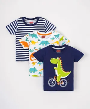 Babyhug Cotton Half Sleeves T-Shirt Stripes & Dino Print Pack of 3 - Blue White