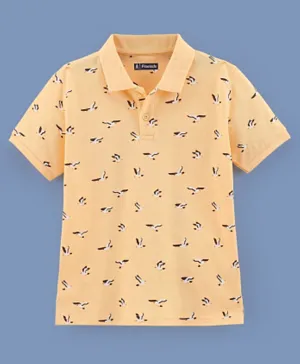 Pine Kids 100% Cotton Biowashed Half Sleeves Polo T-Shirt Bird Print - Orange