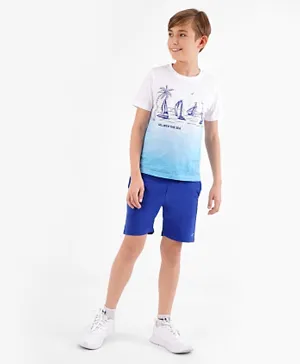 Ollington St. Cotton Knit Half Sleeves T-Shirt & Shorts Set Beach Theme Print - White & Blue