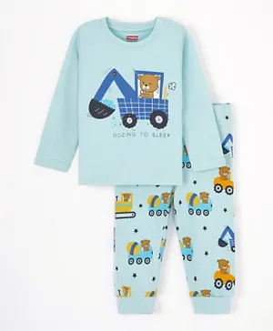 Babyhug Cotton Knit Full Sleeves Nightwear Pyjama Set Construction Vehicle Print - Light Blue