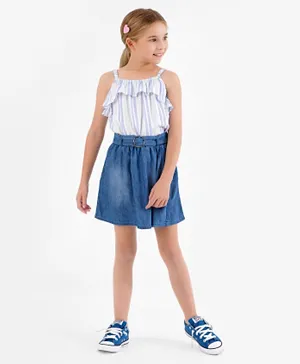 Ollington St Woven Full Sleeves Striped Top and Elasticated Knee Length Denim Pleated Skorts with Self Fabric Belt- White & Indigo