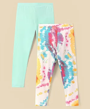 Pine Kids Cotton Elastane Ankle Length Leggings Solid & Tie-Dye Print Pack of 2 - Snow White Yucca