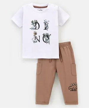 Bonfino 100% Cotton Half Sleeves T-shirt & Trackpant Set with Dino Print - Ivory & Brown