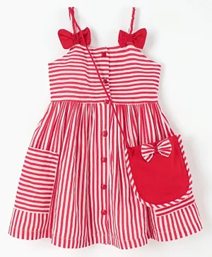 Babyhug 100% Cotton Sleeveless Striped Frock with Sling Bag - Red